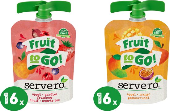 Servero Fruit to Go Maandbox – Knijpfruit – 32 stuks x 90 gram - Aardbei-Framboos, Mango-Passievrucht