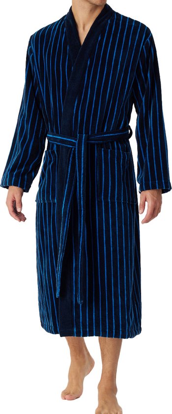 SCHIESSER Essentials badjas - heren badjas softvelours donkerblauw gestreept - Maat: L