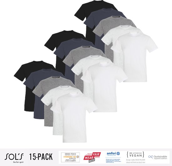 15 Pack Sol's Heren T-Shirt 100% biologisch katoen Ronde hals Zwart, Donker Grijs, Grijs / Lichtgrijs gemeleerd, wit Maat XL