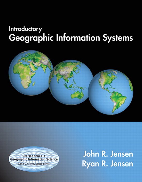Boekomslag voor 'Introductory Geographic Information Systems' met drie aardglobes die Europa, Azië, Afrika en Noord- en Zuid-Amerika tonen.
