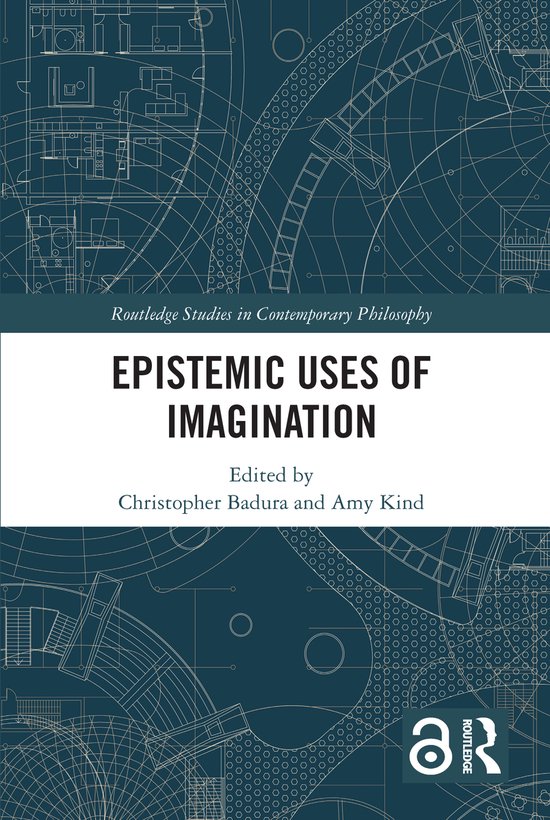 Boek 'Epistemic Uses of Imagination' in de serie 'Routledge Studies in Contemporary Philosophy'. Donkerblauw met technische tekeningen.