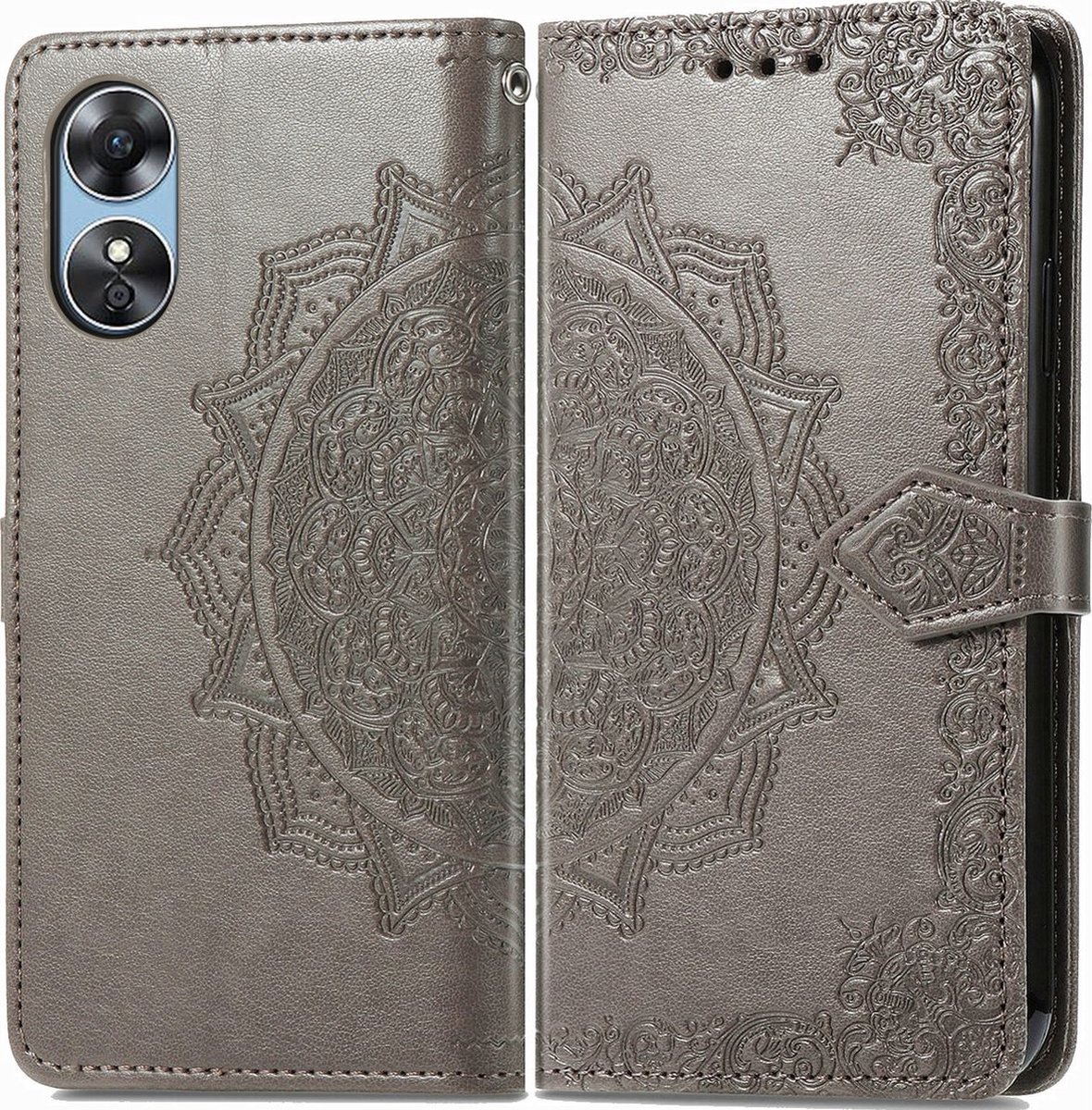 Mobigear Telefoonhoesje geschikt voor OPPO A17 Hoesje | Mobigear Mandala Bookcase Portemonnee | Pasjeshouder voor 3 Pasjes | Telefoonhoesje voor Pinpas / OV Kaart / Rijbewijs - Grijs