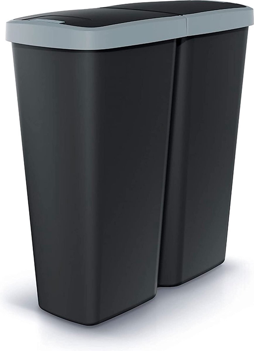 Prosperplast Keden Compacta Q DUO - Prullenbak 50L afvalbak met dubbel deksel en één compartiment - Zwart en Grijs