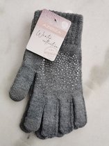 Grijze dames handschoenen met strass steentjes en grijze vingertippen met touchscreen functie one size