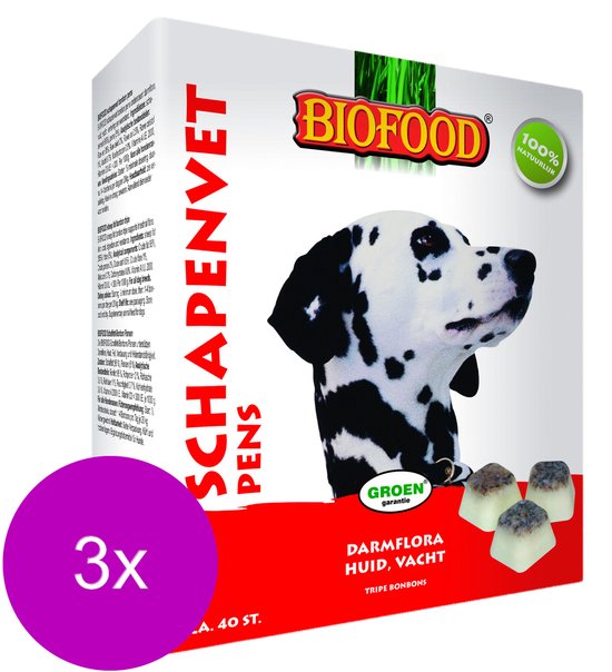 Verpakking met "BIOFOOD" logo, een Dalmatiër en 3 "Tripe Bonbons" met "Darmflora, Huid, Vacht".
