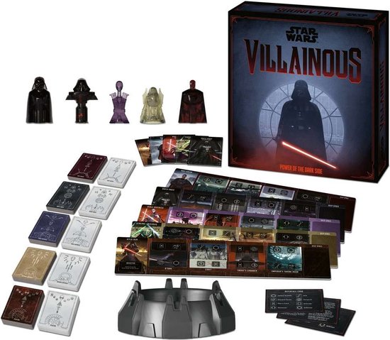 Star Wars Villainous spel met Darth Vader, figuurtjes, kaarten en speelborden.