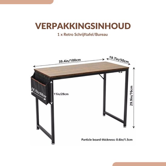 SensaHome - Retro Schrijftafel/Bureau - Computertafel met Metalen Frame - Werktafel in Rustieke Houtlook - Vintage Look - Zwart/Bruin