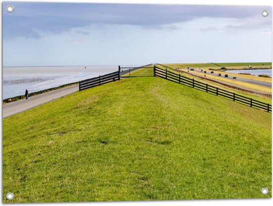 Tuinposter – Dijk met Koeien langs de Noordzee in Nederland - 80x60 cm Foto op Tuinposter (wanddecoratie voor buiten en binnen)
