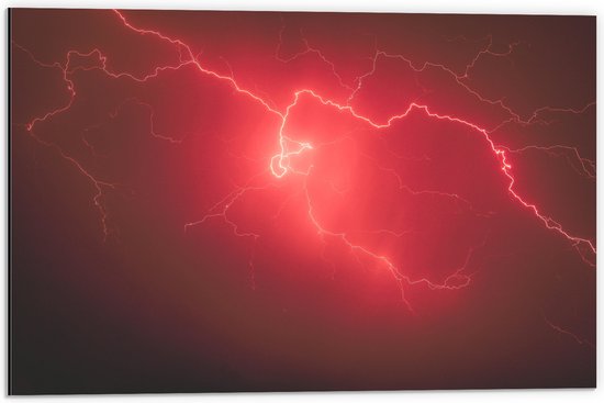 Dibond - Rode Bliksem in de Lucht - 60x40 cm Foto op Aluminium (Wanddecoratie van metaal)