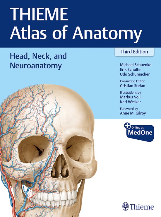 THIEME Atlas of Anatomy, Hoofd, nek en neuroanatomie, derde editie, met een gedetailleerde illustratie van een menselijk schedel.