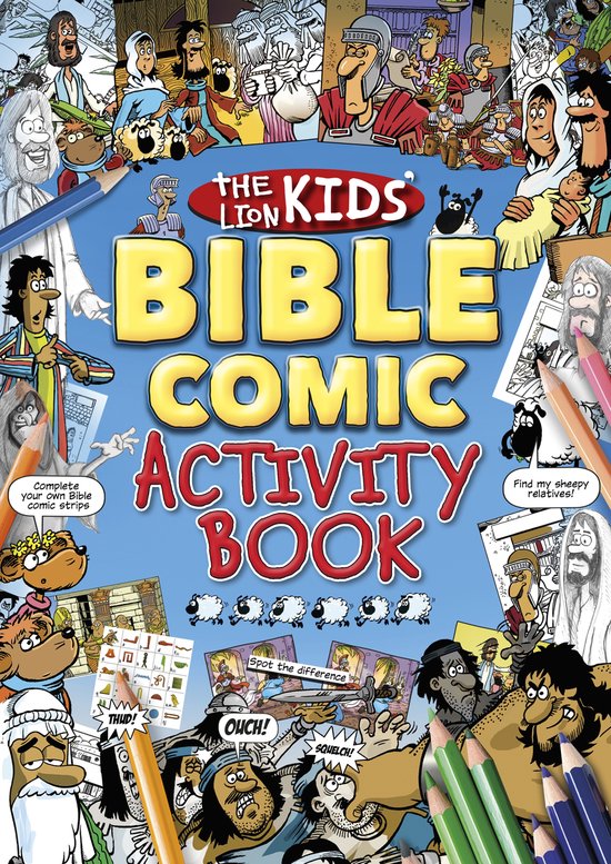 De omslag van 'The Lion Kids Bible Comic Activity Book' toont een vrolijke, kleurrijke stripboekstijl met veel personages, schapen en potloden. De titel is in grote gele letters.