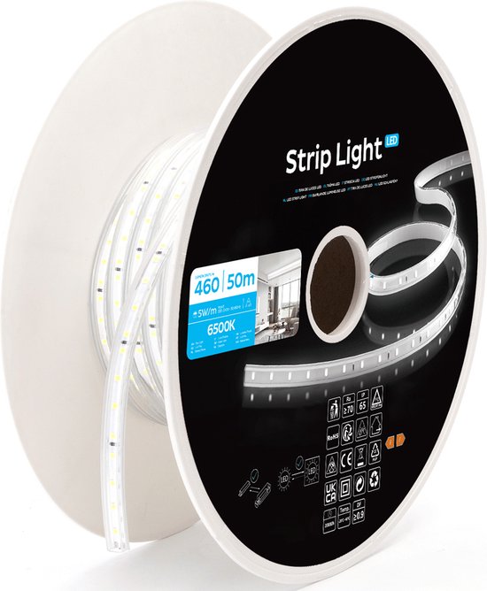 LED Strip - Aigi Drody - 50 Meter - IP65 Waterdicht - Helder/Koud Wit 6500K - 2835 SMD 230V