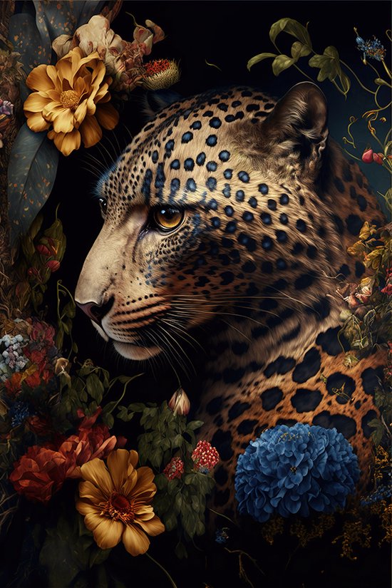 Luipaard Jaguar bloemen poster