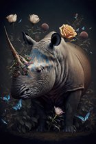 Neushoorn tussen de bloemen - canvas - 100 x 150 cm