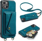 Casemania Hoesje Geschikt voor Apple iPhone 14 Emerald Green - Luxe Back Cover met Koord - Wallet Case - Pasjeshouder