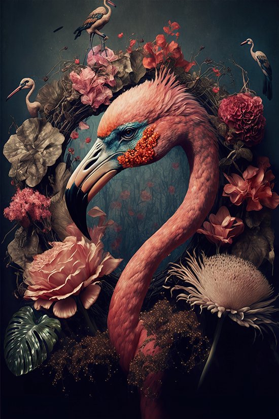 Flamingo met bloemen - plexiglas schilderij - 80 x 120 cm