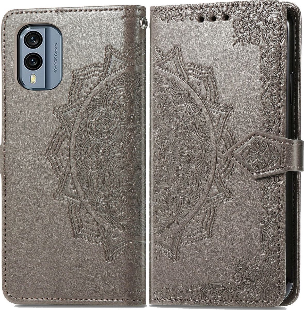 Mobigear Telefoonhoesje geschikt voor Nokia X30 Hoesje | Mobigear Mandala Bookcase Portemonnee | Pasjeshouder voor 3 Pasjes | Telefoonhoesje voor Pinpas / OV Kaart / Rijbewijs - Grijs