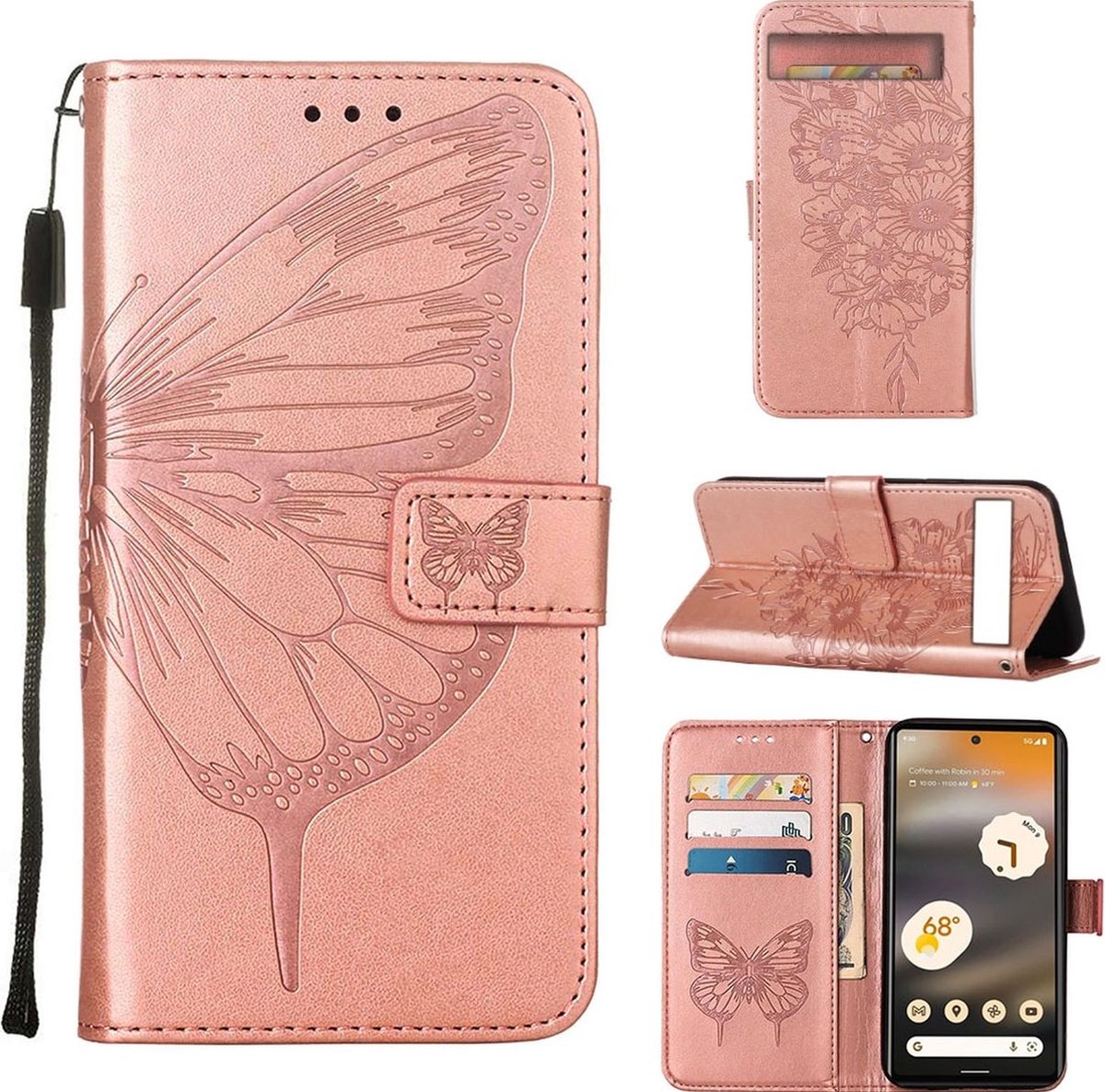 Mobigear Telefoonhoesje geschikt voor Google Pixel 7a Hoesje | Mobigear Butterfly Bookcase Portemonnee | Pasjeshouder voor 3 Pasjes | Telefoonhoesje voor Pinpas / OV Kaart / Rijbewijs - Roségoud