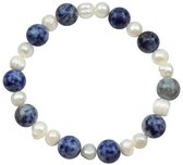 Zoetwater parel armband met edelsteen Pearl Blue Spot Stone - echte parels - jasper - wit - blauw - elastisch