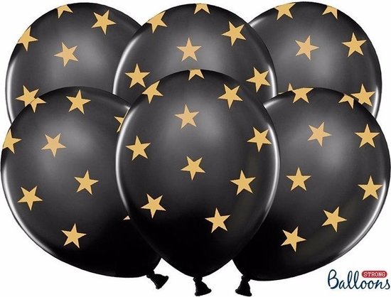 Zwarte ballonnen met gouden sterren - 6 st- kerst / oud en nieuw versiering