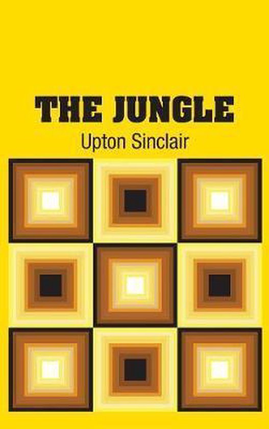 Livre 'The Jungle' d'Upton Sinclair, couverture jaune avec un motif de neuf carrés dans des tons de brun et de jaune.