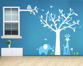 Muursticker Witte Boom met Giraffe, Olifant, Uiltjes en Vogeltjes | Babykamer - Kinderkamer - Muurstickers