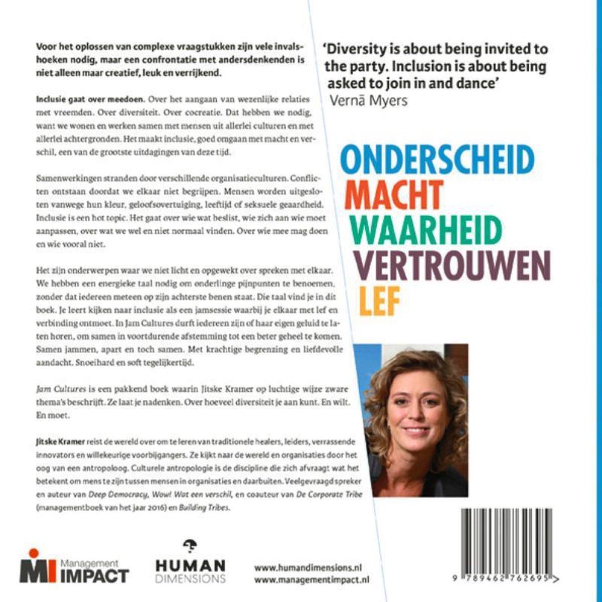 Boekomslag met foto van Jitske Kramer en tekst in het Nederlands, met de titel 'Onderscheid Macht Waarheid Vertrouwen Lef'.