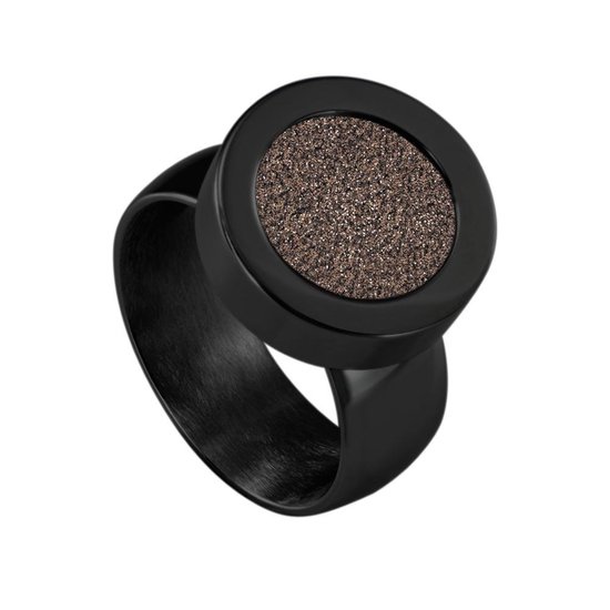 Quiges RVS Schroefsysteem Ring Zwart Glans 19mm met Verwisselbare Glitter Bruin 12mm Mini Munt