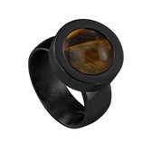 Quiges RVS Schroefsysteem Ring Zwart Glans 19mm met Verwisselbare Tijgersoog Bruin 12mm Mini Munt