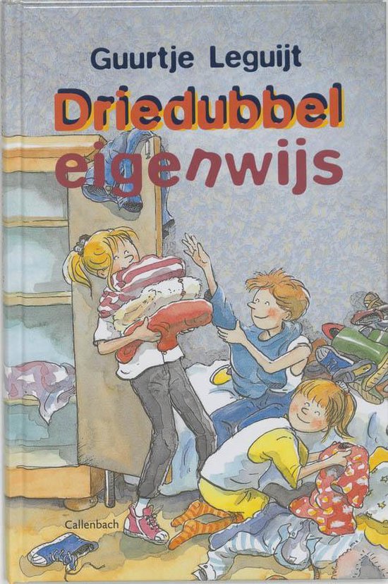 Boek 'Driedubbel eigenwijs' met illustraties van drie kinderen die spelen te midden van kleding en speelgoed.