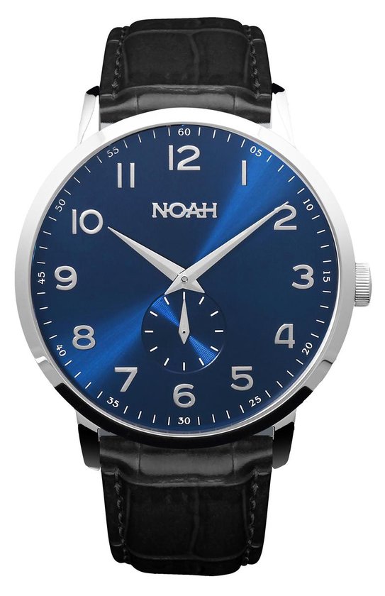 NOAH Slimline Blue leather - horloge - saffierglas - Italiaans zwarte lederen band - Ø 43 mm - blauw/zwart