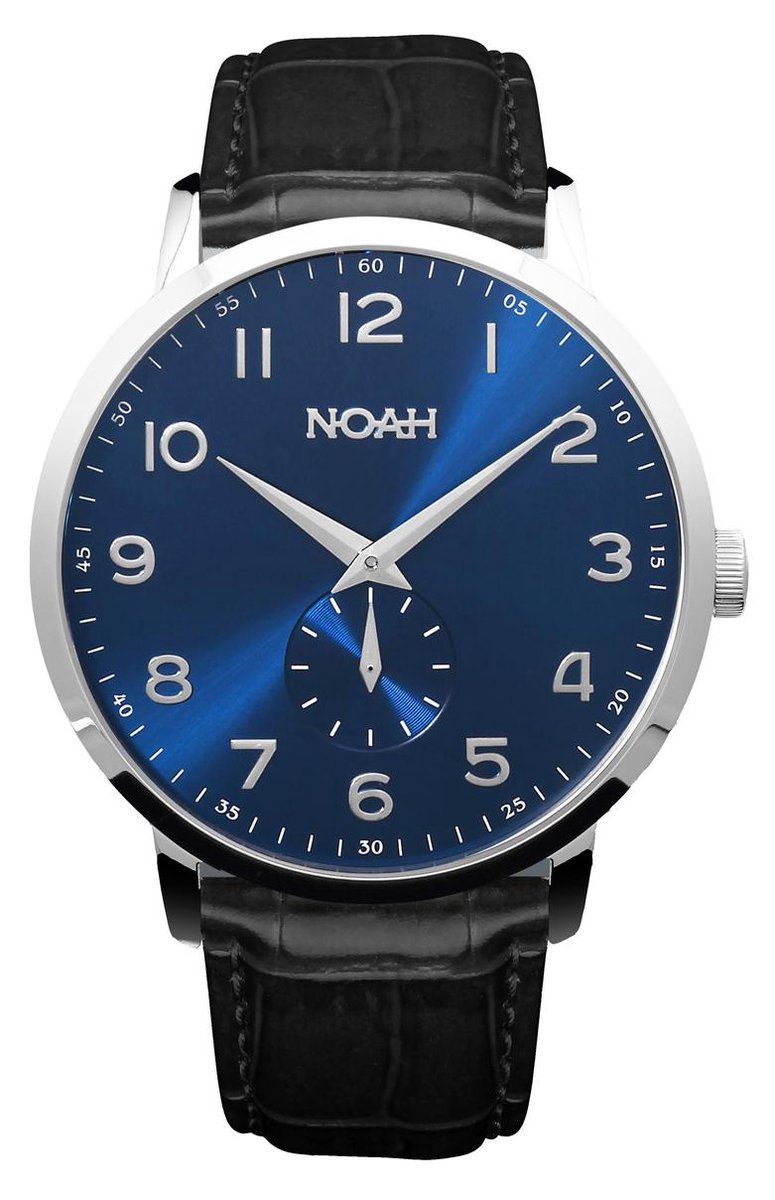 NOAH Slimline Blue leather - horloge - saffierglas - Italiaans zwarte lederen band - Ø 43 mm - blauw-zwart