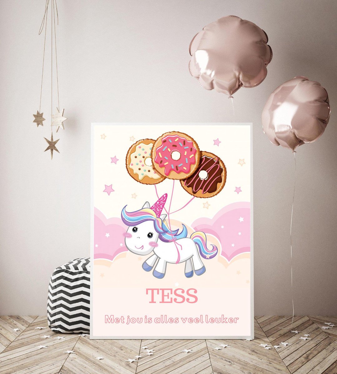 Gepersonaliseerde poster babykamer of kinderkamer, poster met naam van kind, gepersonaliseerd kraamcadeau. Inclusief fotolijst ! 50x70 cm (B2). Unicorn met donuts