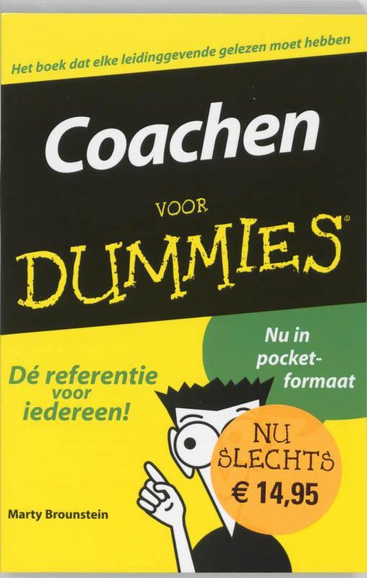 Boekomslag van 'Coachen voor Dummies' in zakformaat. Met een cartoon van een man die naar een oranje cirkel met prijsinformatie wijst.