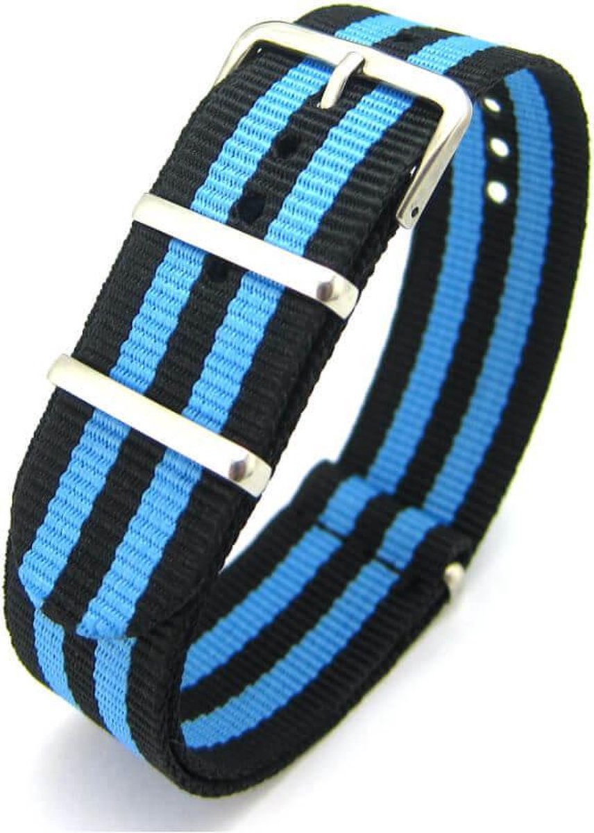 Premium Black Blue - Nato strap 18mm - Stripe - Horlogeband Zwart Blauw