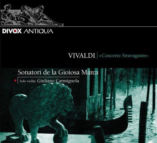 CD hoes met Vivaldi's 'Concerto Stravagante'. Bevat een afbeelding van een leeuwenbeeld en een gondel in Venetië.