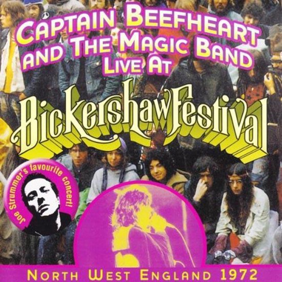 Cover met tekst 'Captain Beefheart and The Magic Band Live at Bickershaw Festival'. Midden-onder een paarse cirkel met een afbeelding van een zingende artiest.