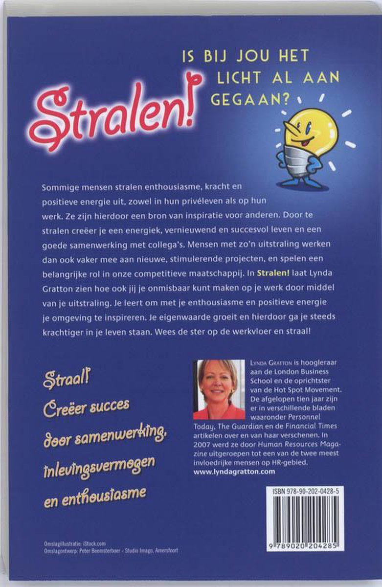 Achterkant boek 'Stralen!' met tekst en een portret van Lynda Gratton.