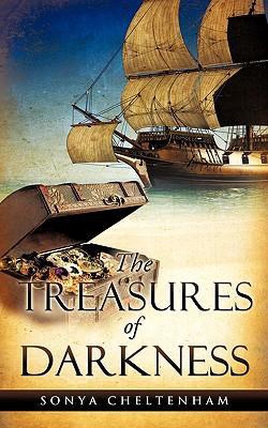 Un coffre au trésor ouvert rempli de pièces d'or et de bijoux, avec un bateau pirate en arrière-plan. Titre : The Treasures of Darkness.
