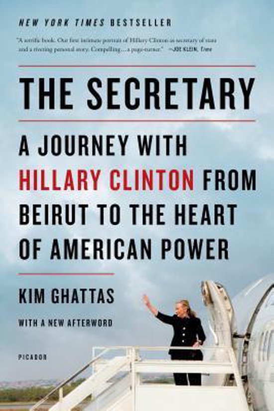 Boek "The Secretary" met Hillary Clinton op de trap van een vliegtuig, met de titel "A Journey With Hillary Clinton".