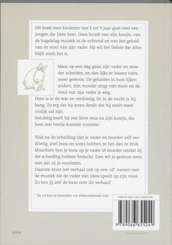 Een konijn op een boek. De tekst beschrijft een verhaal over scheiding. De cd is ook beschikbaar.