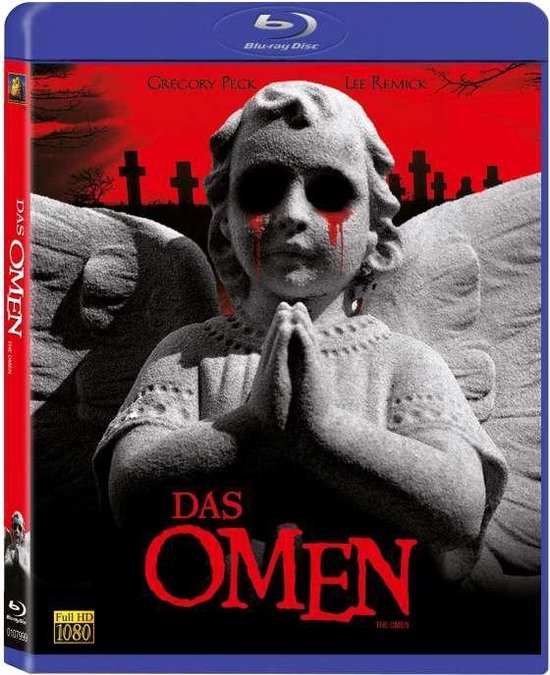 De Blu-ray-hoes van 'Das Omen' toont een engelenbeeld met bloed dat uit de ogen druipt, tegen een rode achtergrond met een kerkhof. Met tekst: 'Gregory Peck', 'Lee Remick', 'Das Omen'.