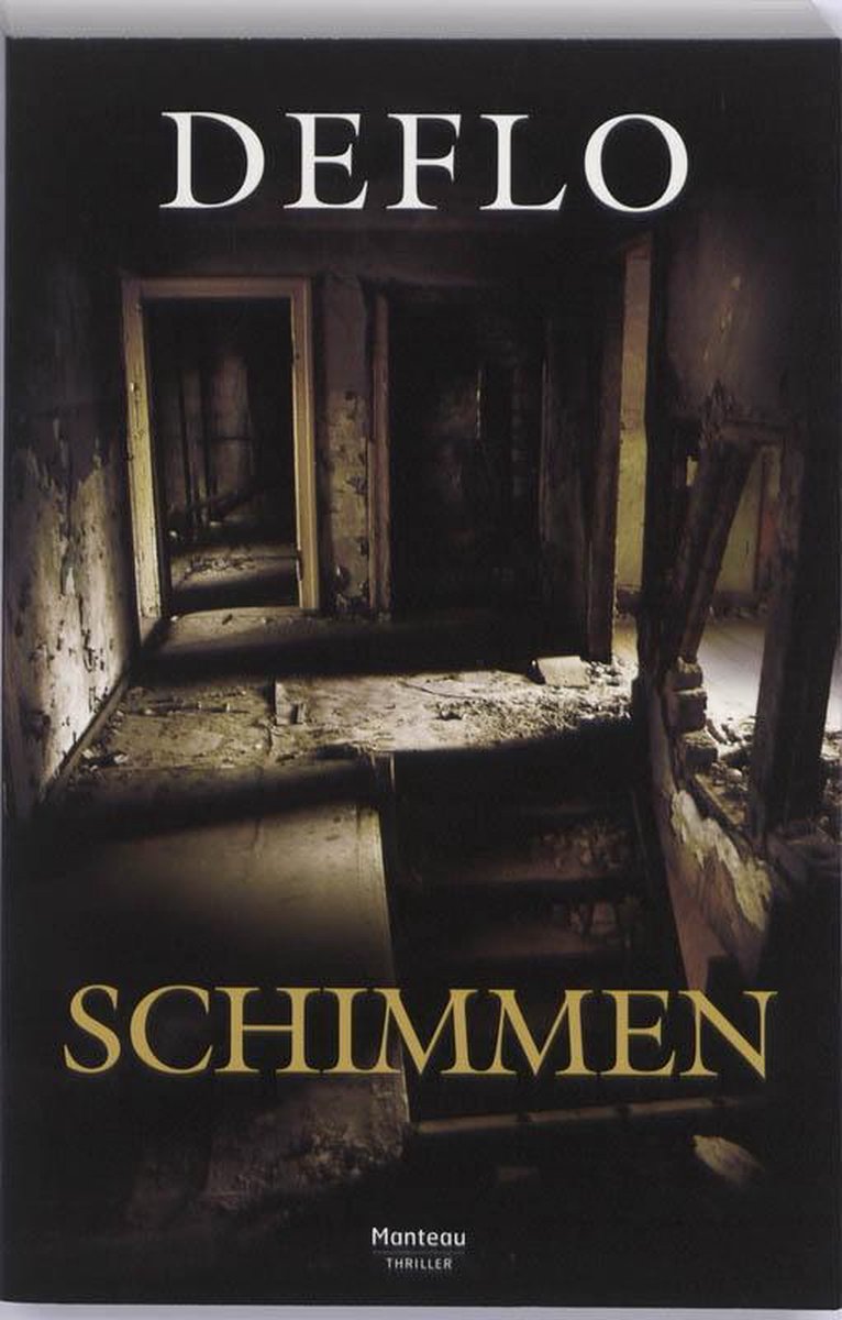 Boekomslag van "Schimmen" met een donkere, griezelige gang met een trap naar beneden.