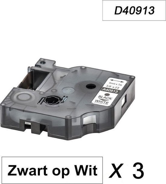 3 x Dymo 40913 Zwart op Wit Standaard Label Tapes Compatible voor Dymo 2000 3500 5500 Label Manager 100 110 120P 150 160 200 210D 220P 260D 280 300 350 360D 400 450 450D / 9mm x 7m