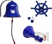Pakket blauw 2, met een megafoon, een bel en een bootstuur