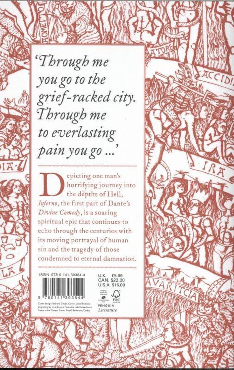 Boekomslag met tekst 'Through me you go to the grief-racked city.' en een gedetailleerde illustratie.