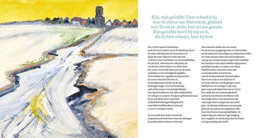 Winterse illustratie van een dorpje aan een bevroren kanaal, met huizen en bruggen.
