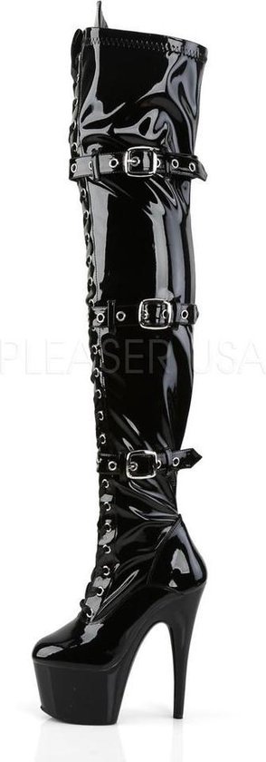 Pleaser Adore 3028 plateau lak overknee laars met gespen en stiletto hak zwart | Attitude Holland Pleaser Adore 3028 plateau lak overknee laars met gespen en stiletto hak zwart | Attitude Holland