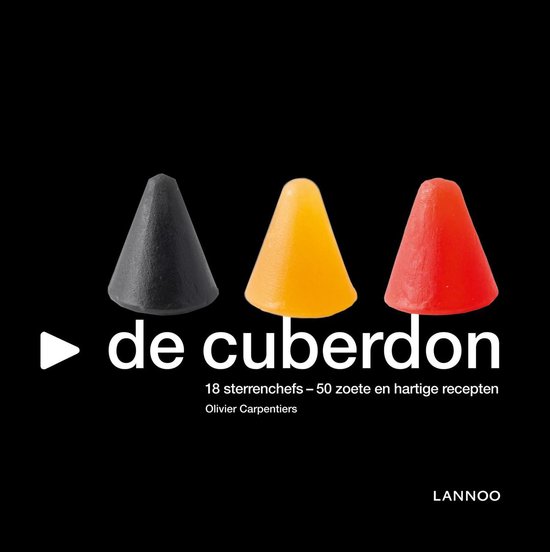 Couverture de livre avec trois cuberdons : noir, jaune et rouge, avec le titre 'De Cuberdon'.