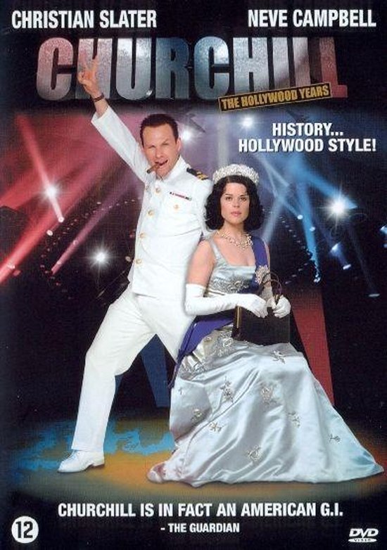Christian Slater in wit marine-uniform en Neve Campbell in koninklijke kledij, met "Churchill The Hollywood Years" in grote letters.